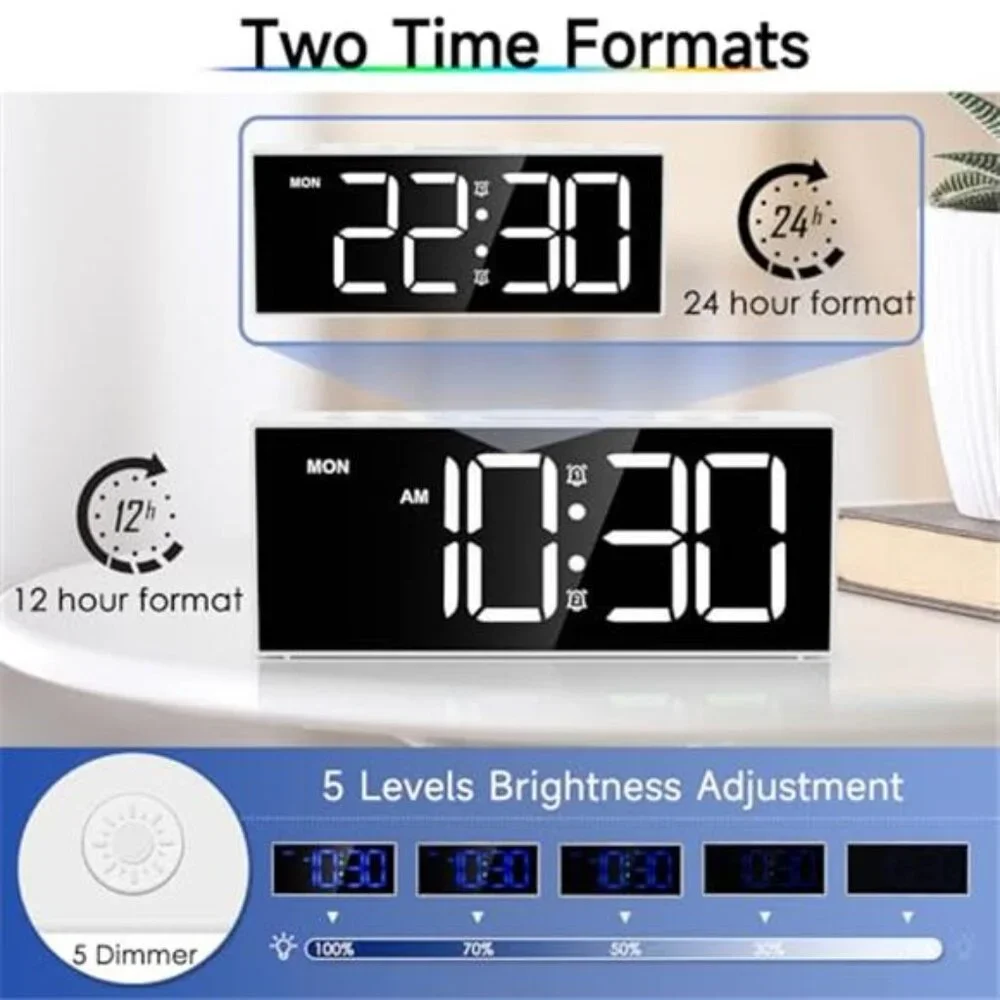 Large Digital Alarm Clock Big Numbers Dual Alarm USB Mirror LED White